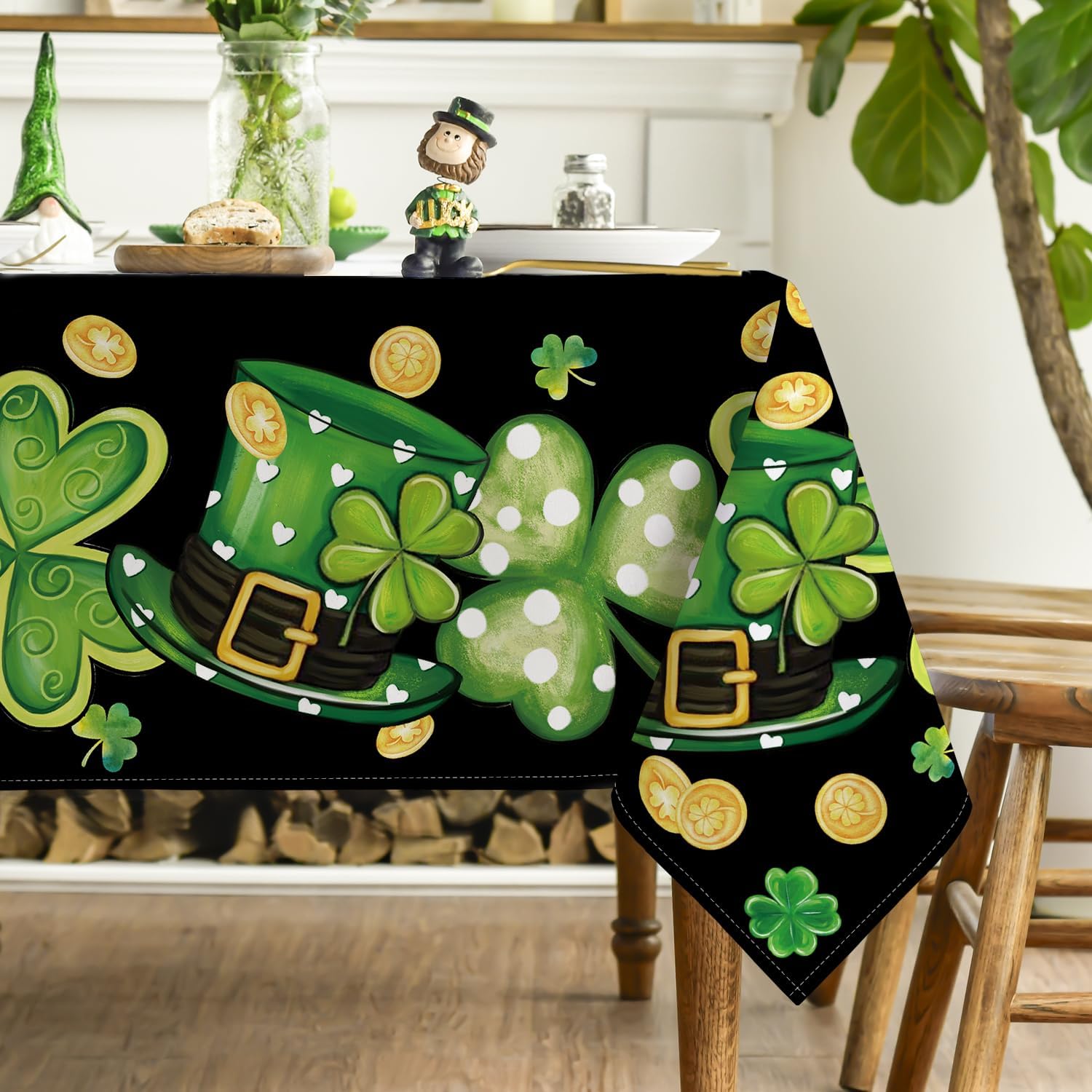 St. Patrick''s Day Tablecloth Clover Shamrock Hat Black Washable Table Cover