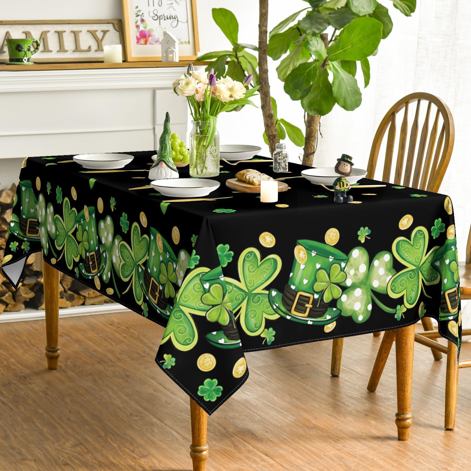 St. Patrick''s Day Tablecloth Clover Shamrock Hat Black Washable Table Cover