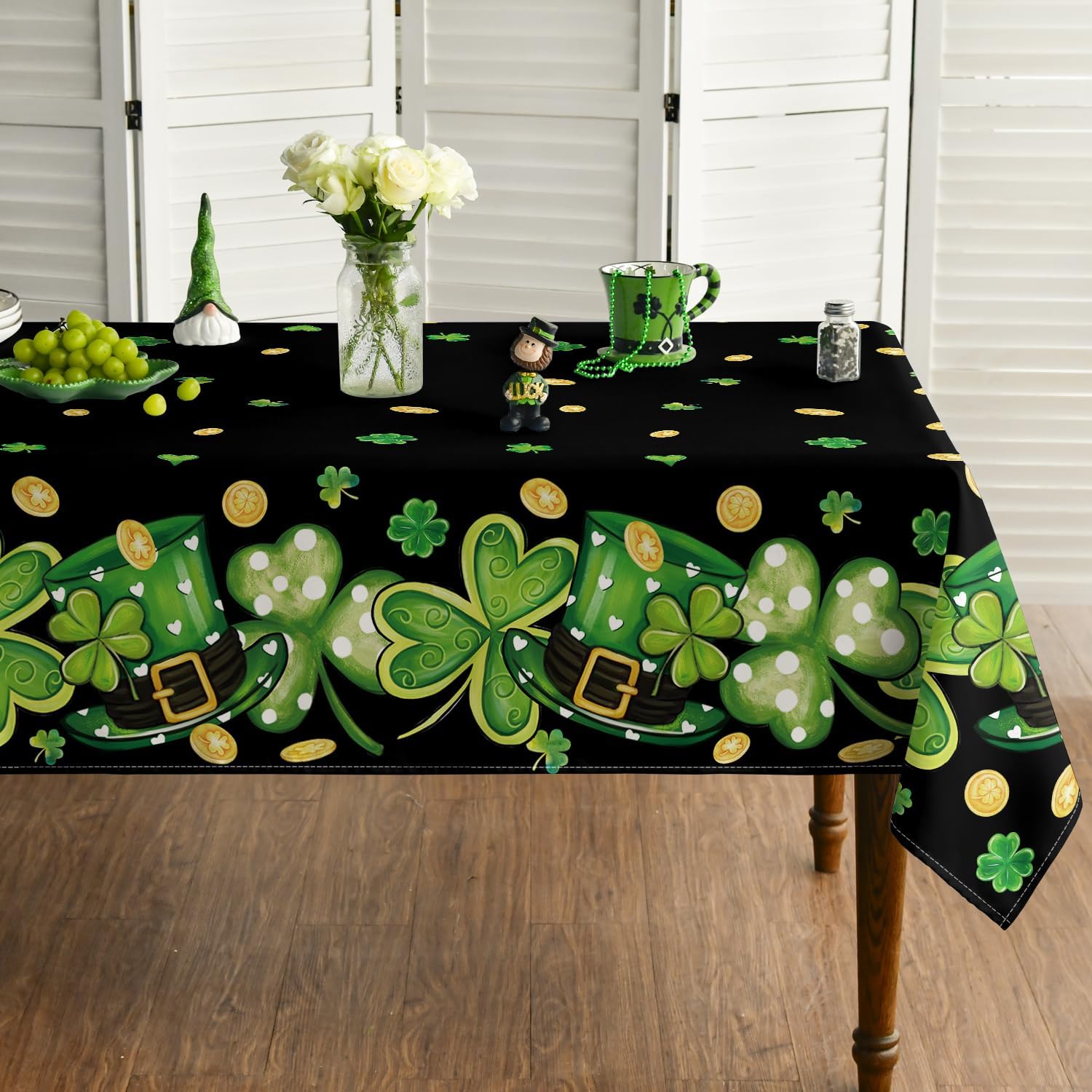 St. Patrick''s Day Tablecloth Clover Shamrock Hat Black Washable Table Cover