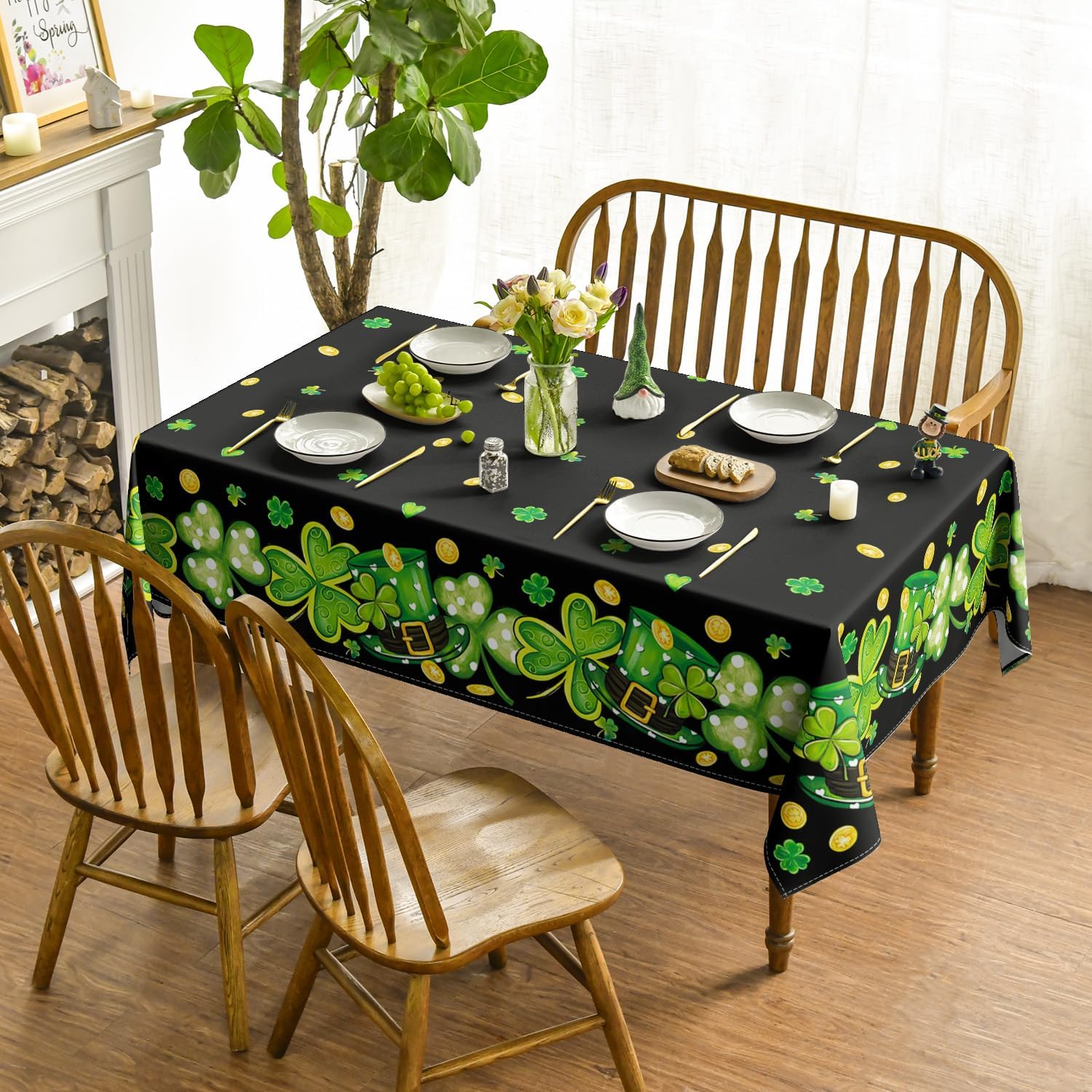 St. Patrick''s Day Tablecloth Clover Shamrock Hat Black Washable Table Cover